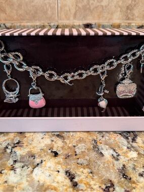 Silver Chunky Charm Bracelet with Pink Enamel Charms